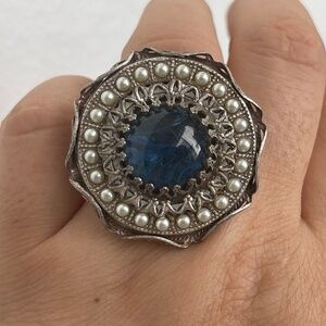 Ollipop USA blue cabochon, faux pearls, filigree ring size 6-9 Handmade